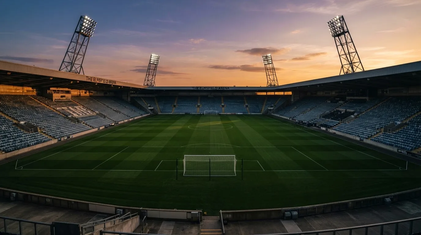Un estadio de fútbol vacío con torres de iluminación al atardecer