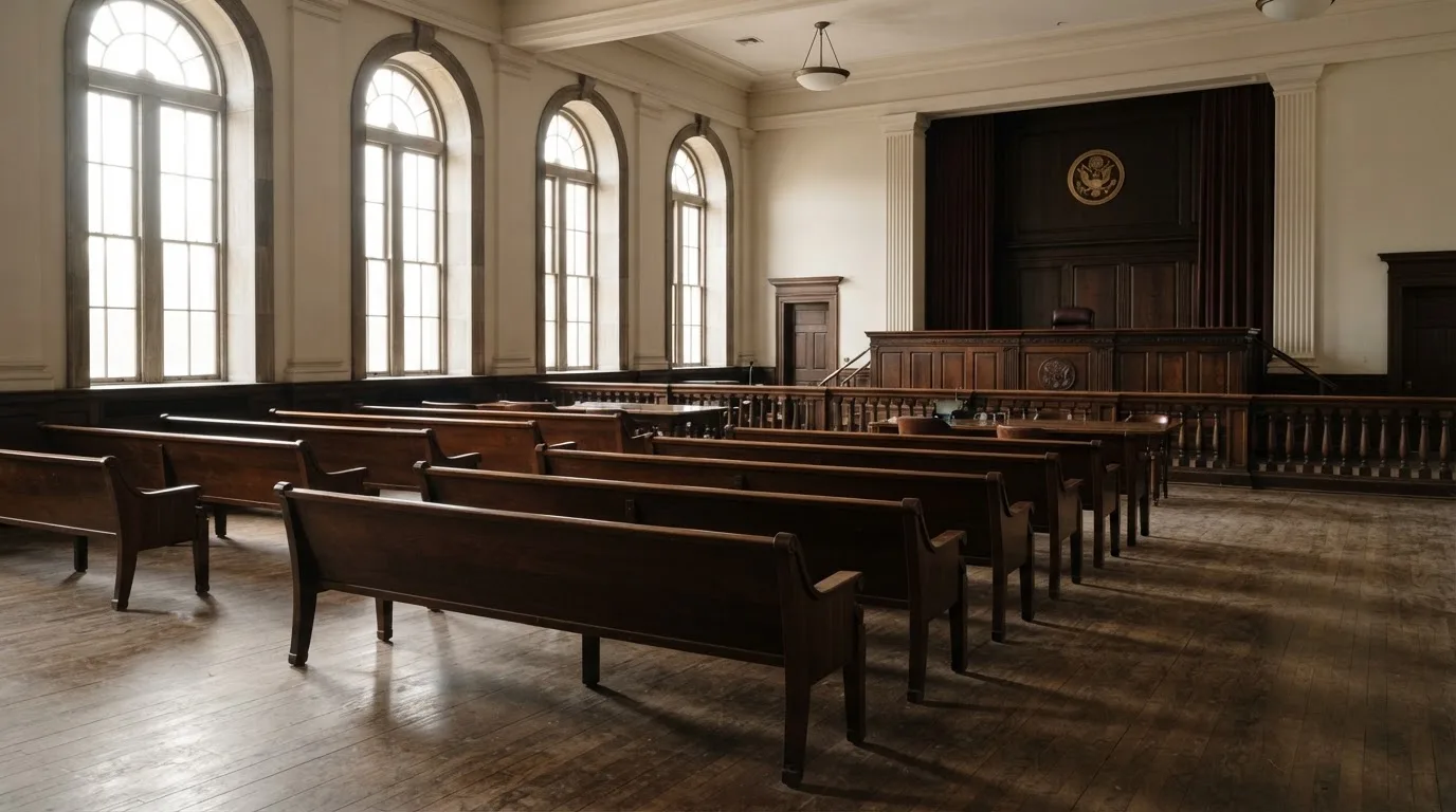 Una sala de tribunal vacía con bancos de madera a la luz de la mañana