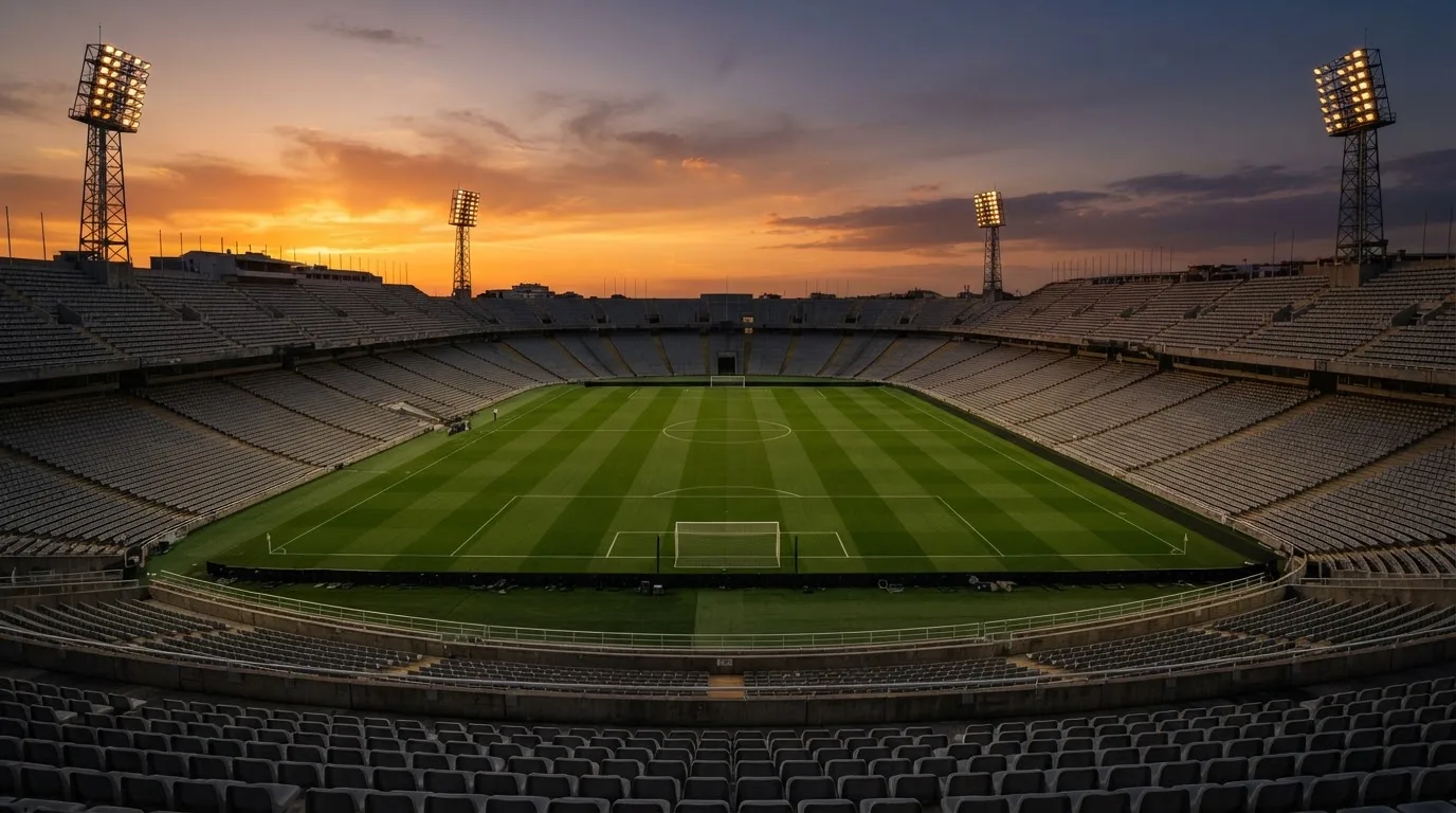 Un estadio de fútbol vacío con torres de iluminación al atardecer