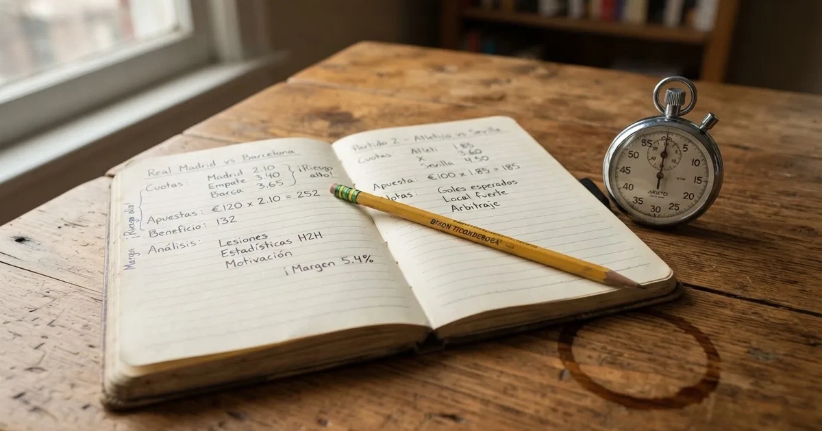 Un cuaderno abierto con un lápiz y un cronómetro sobre una mesa de madera