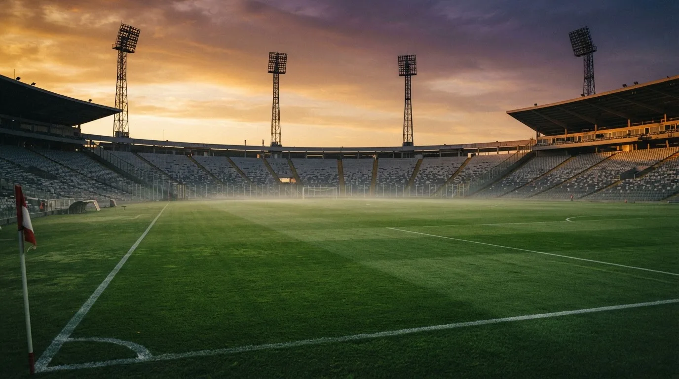 Un estadio de fútbol vacío con torres de iluminación al atardecer