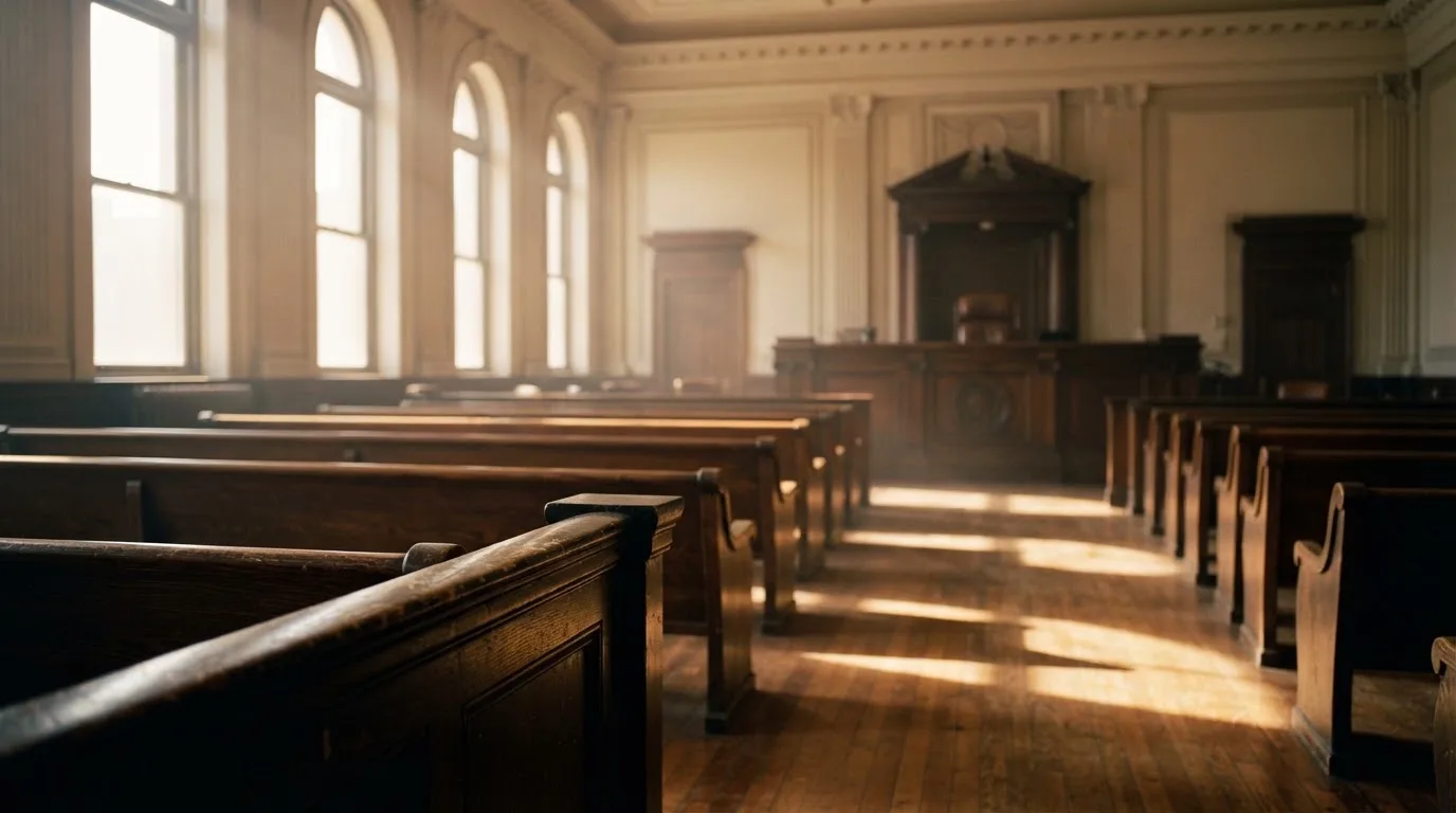 Una sala de tribunal vacía con bancos de madera a la luz de la mañana