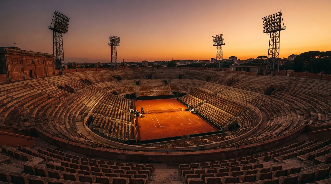 Un estadio de fútbol vacío con torres de iluminación al atardecer