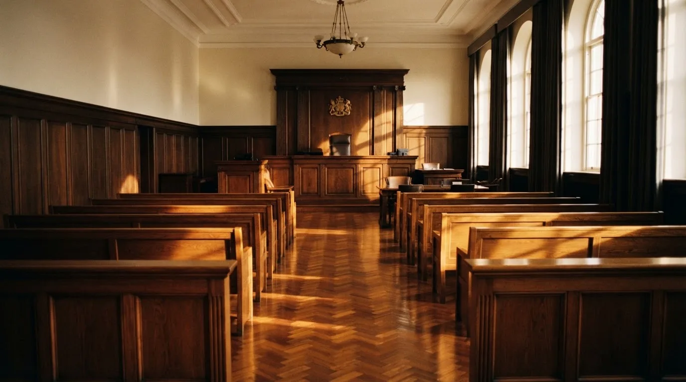 Una sala de tribunal vacía con bancos de madera a la luz de la mañana