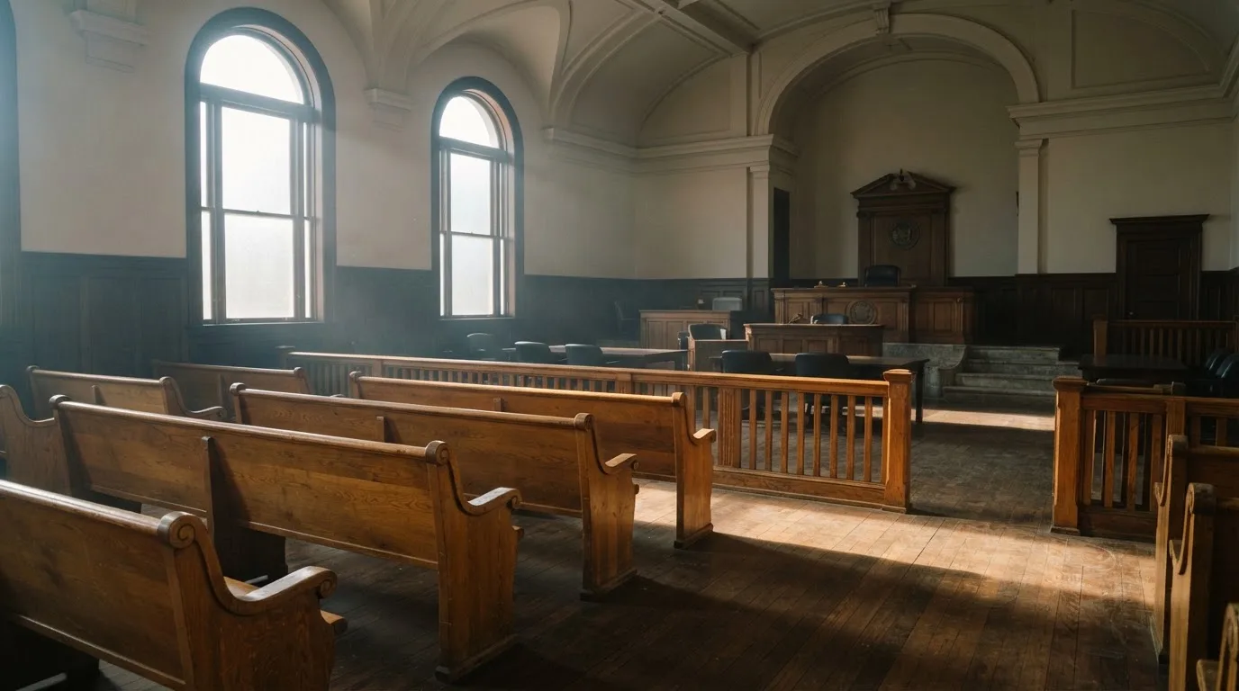 Una sala de tribunal vacía con bancos de madera a la luz de la mañana