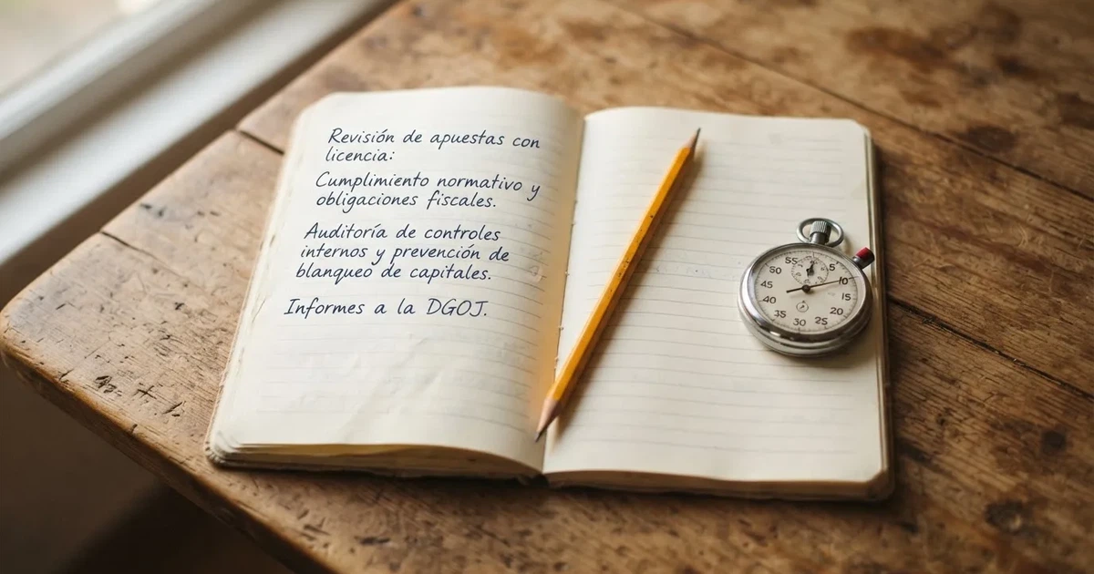 Un cuaderno abierto con un lápiz y un cronómetro sobre una mesa de madera