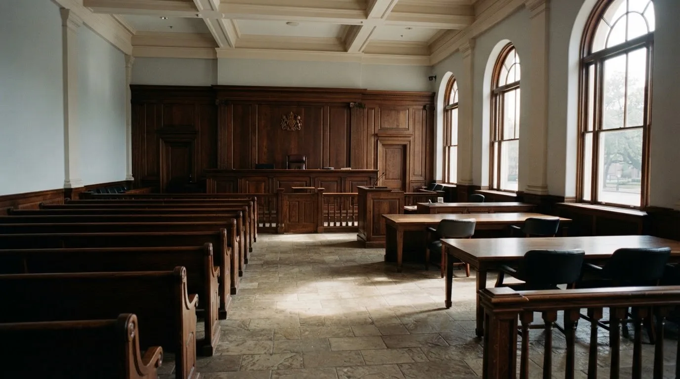 Una sala de tribunal vacía con bancos de madera a la luz de la mañana