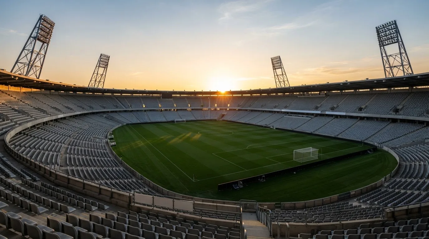 Un estadio de fútbol vacío con torres de iluminación al atardecer
