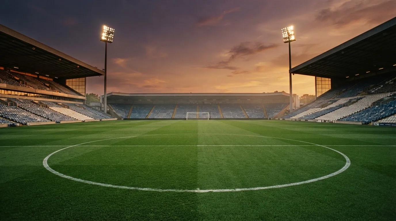 Un estadio de fútbol vacío con torres de iluminación al atardecer