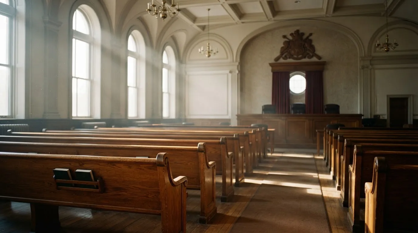 Una sala de tribunal vacía con bancos de madera a la luz de la mañana