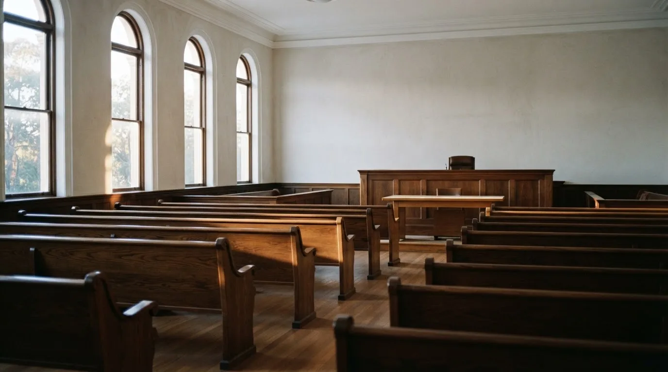 Una sala de tribunal vacía con bancos de madera a la luz de la mañana