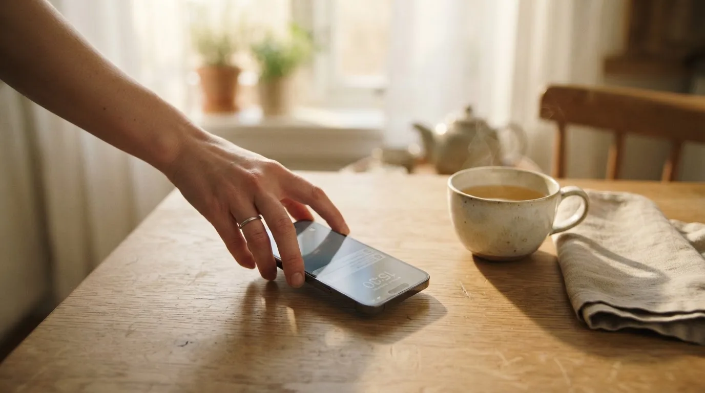 Una mano deja un móvil junto a una taza de té sobre la mesa de la cocina, una tarde tranquila