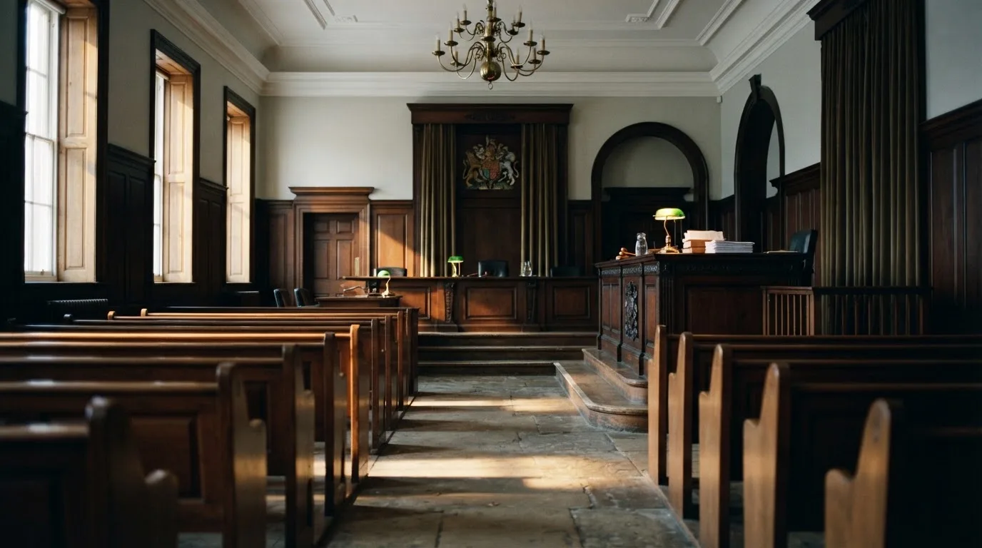 Una sala de tribunal vacía con bancos de madera a la luz de la mañana
