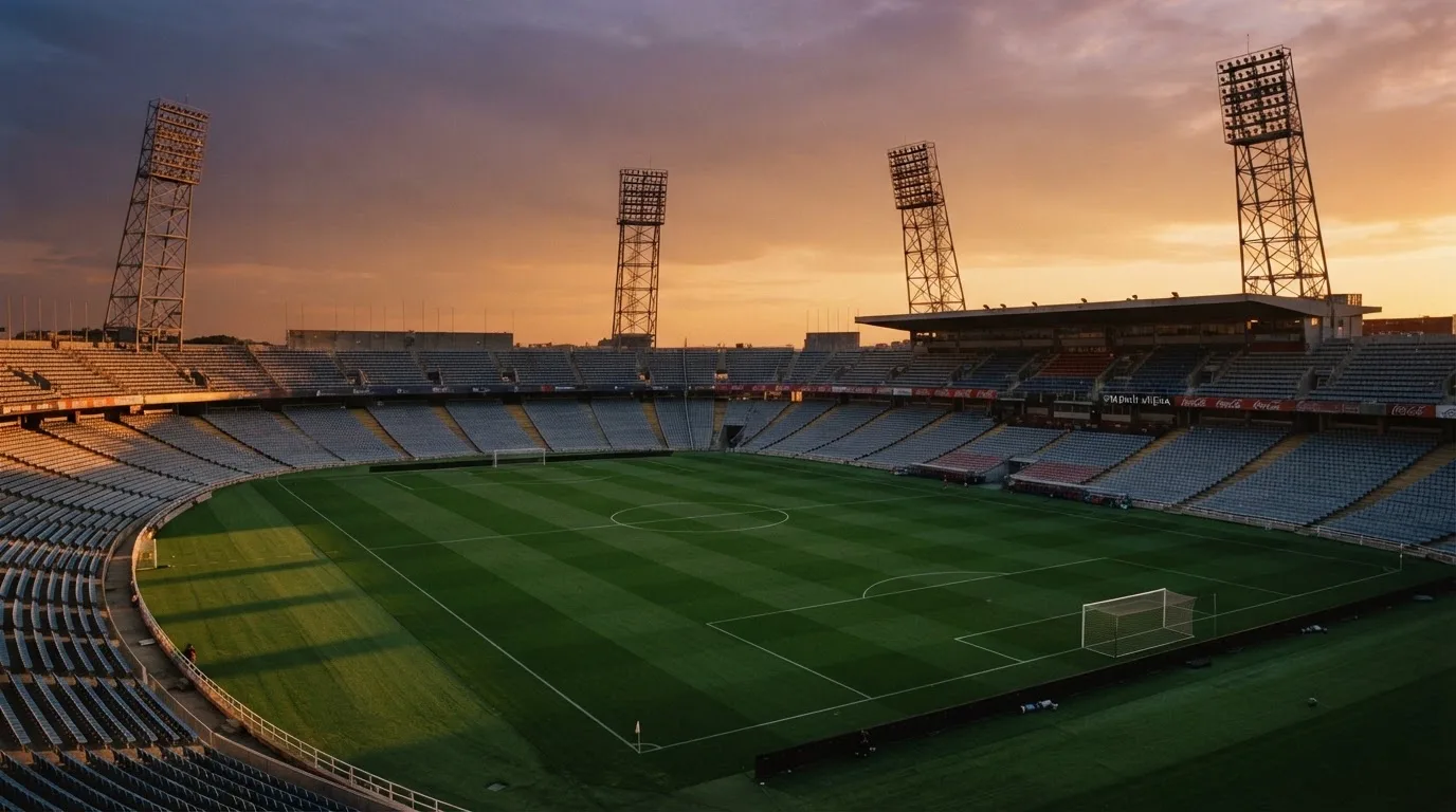 Un estadio de fútbol vacío con torres de iluminación al atardecer