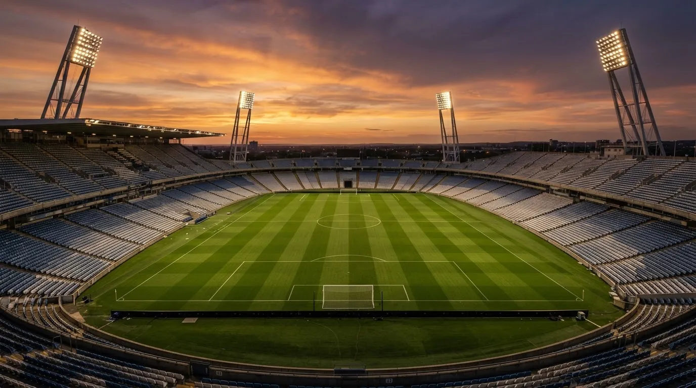 Un estadio de fútbol vacío con torres de iluminación al atardecer