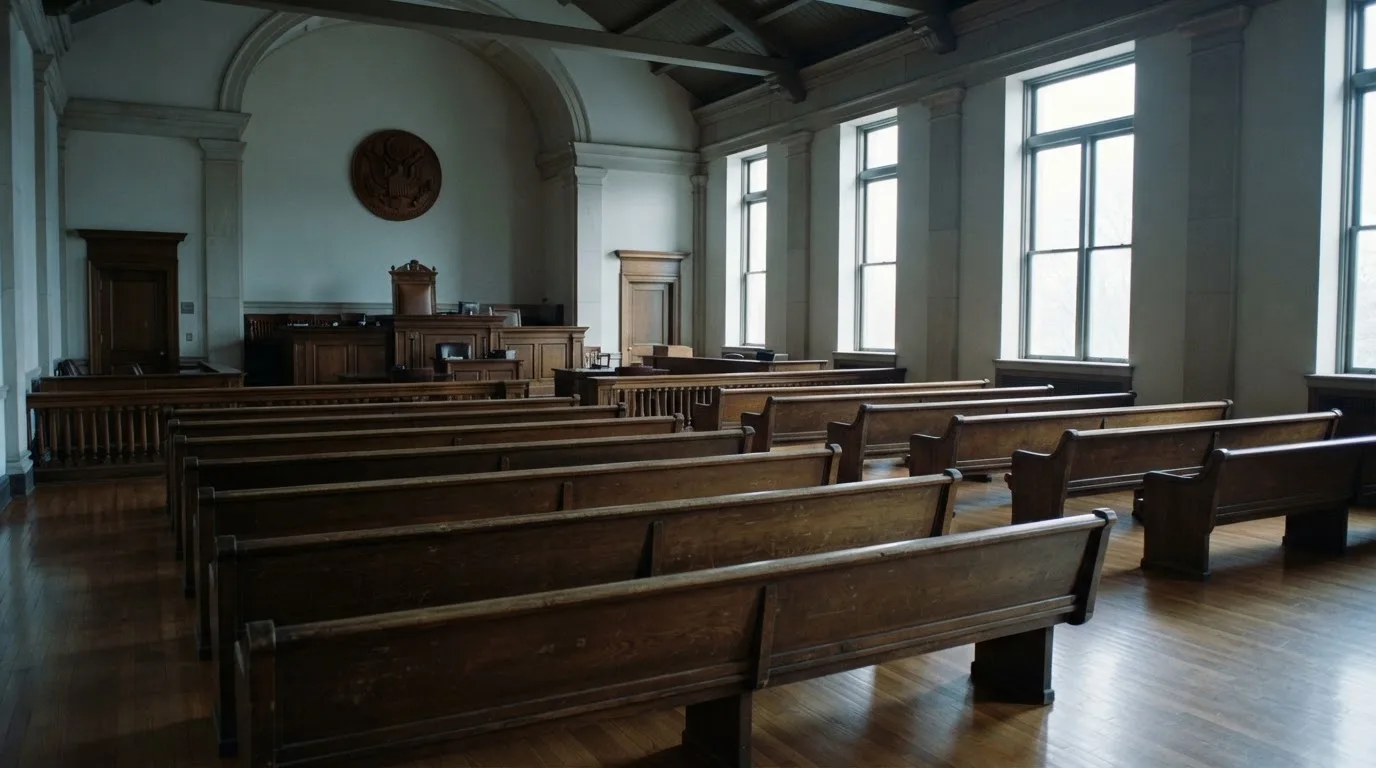 Una sala de tribunal vacía con bancos de madera a la luz de la mañana