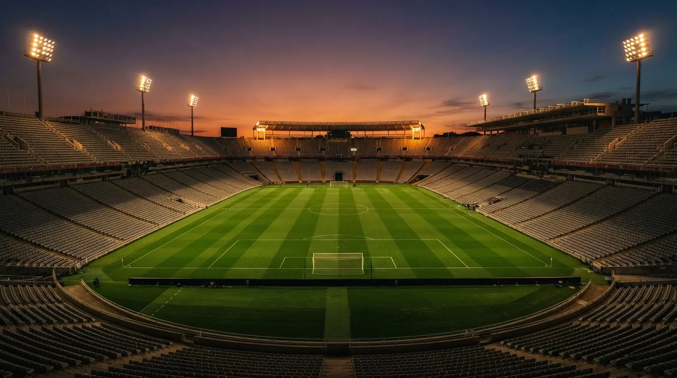 Un estadio de fútbol vacío con torres de iluminación al atardecer