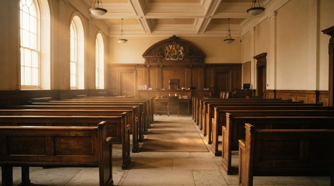 Una sala de tribunal vacía con bancos de madera a la luz de la mañana
