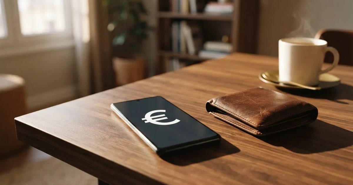 Un móvil sobre una mesa de madera junto a una cartera y una taza de café
