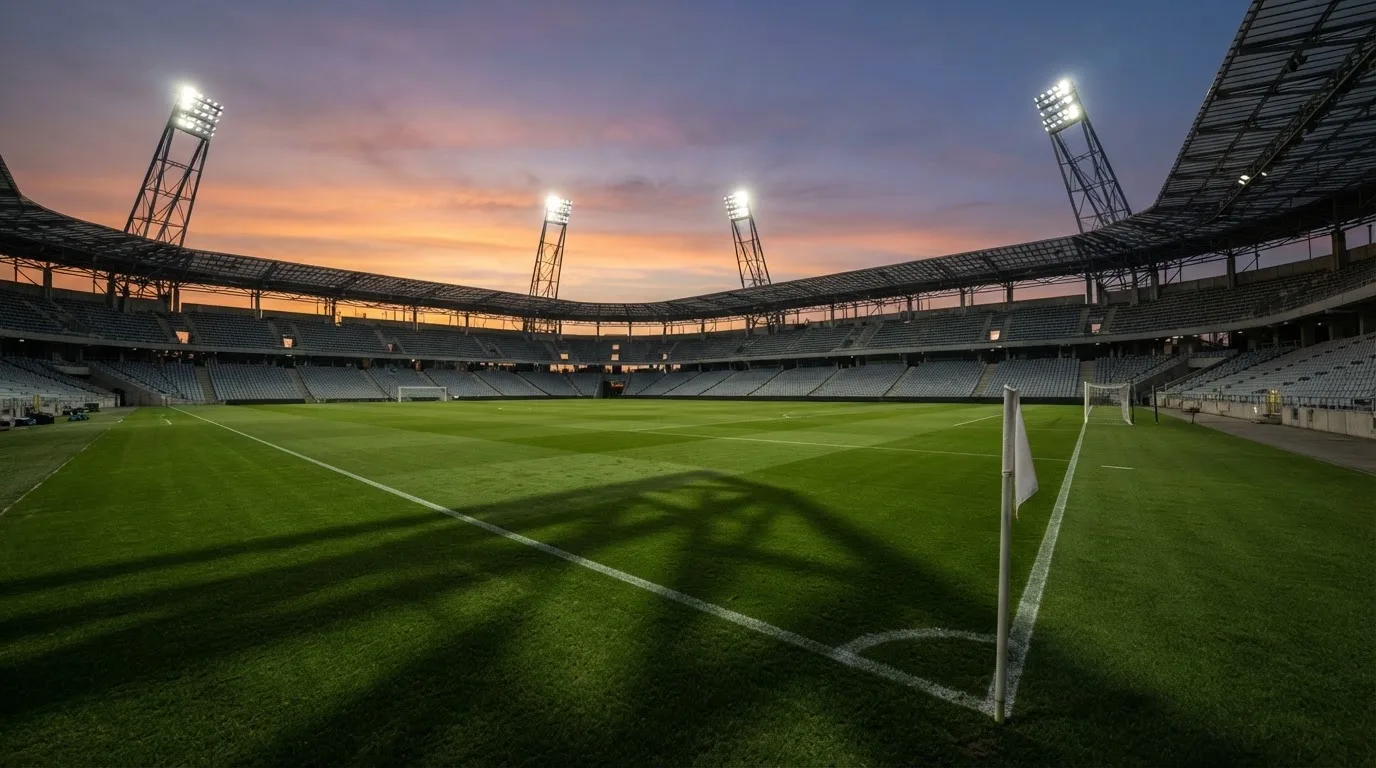 Un estadio de fútbol vacío con torres de iluminación al atardecer