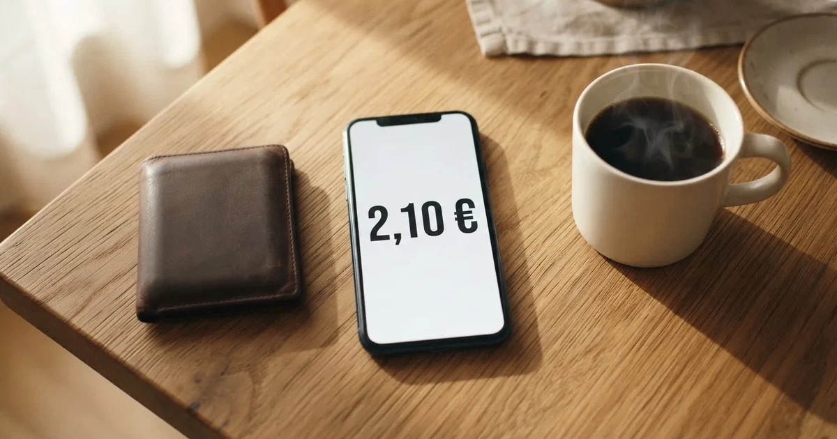 Un móvil sobre una mesa de madera junto a una cartera y una taza de café