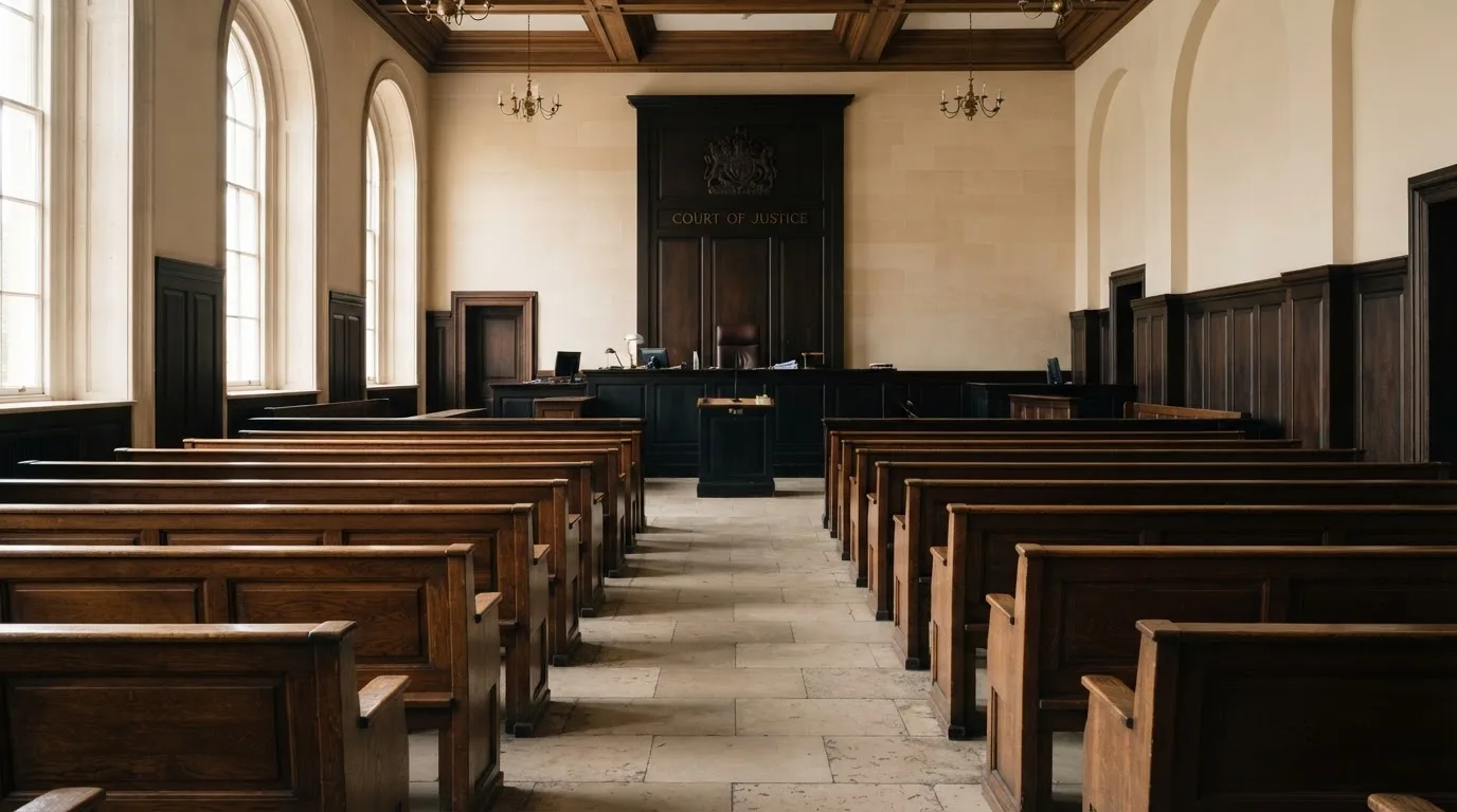 Una sala de tribunal vacía con bancos de madera a la luz de la mañana