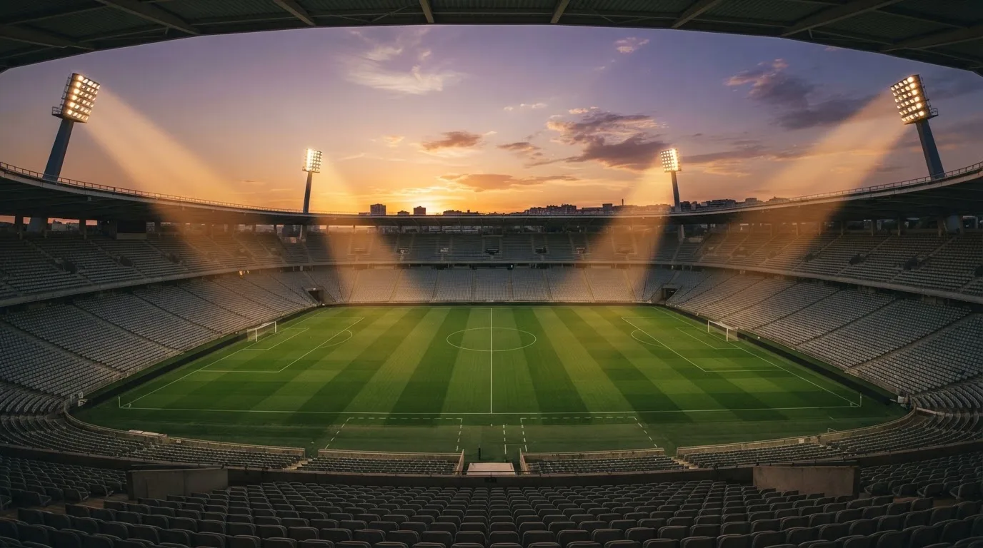 Un estadio de fútbol vacío con torres de iluminación al atardecer