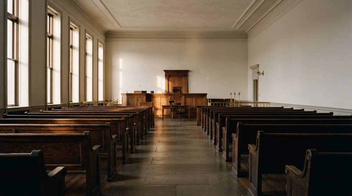 Una sala de tribunal vacía con bancos de madera a la luz de la mañana