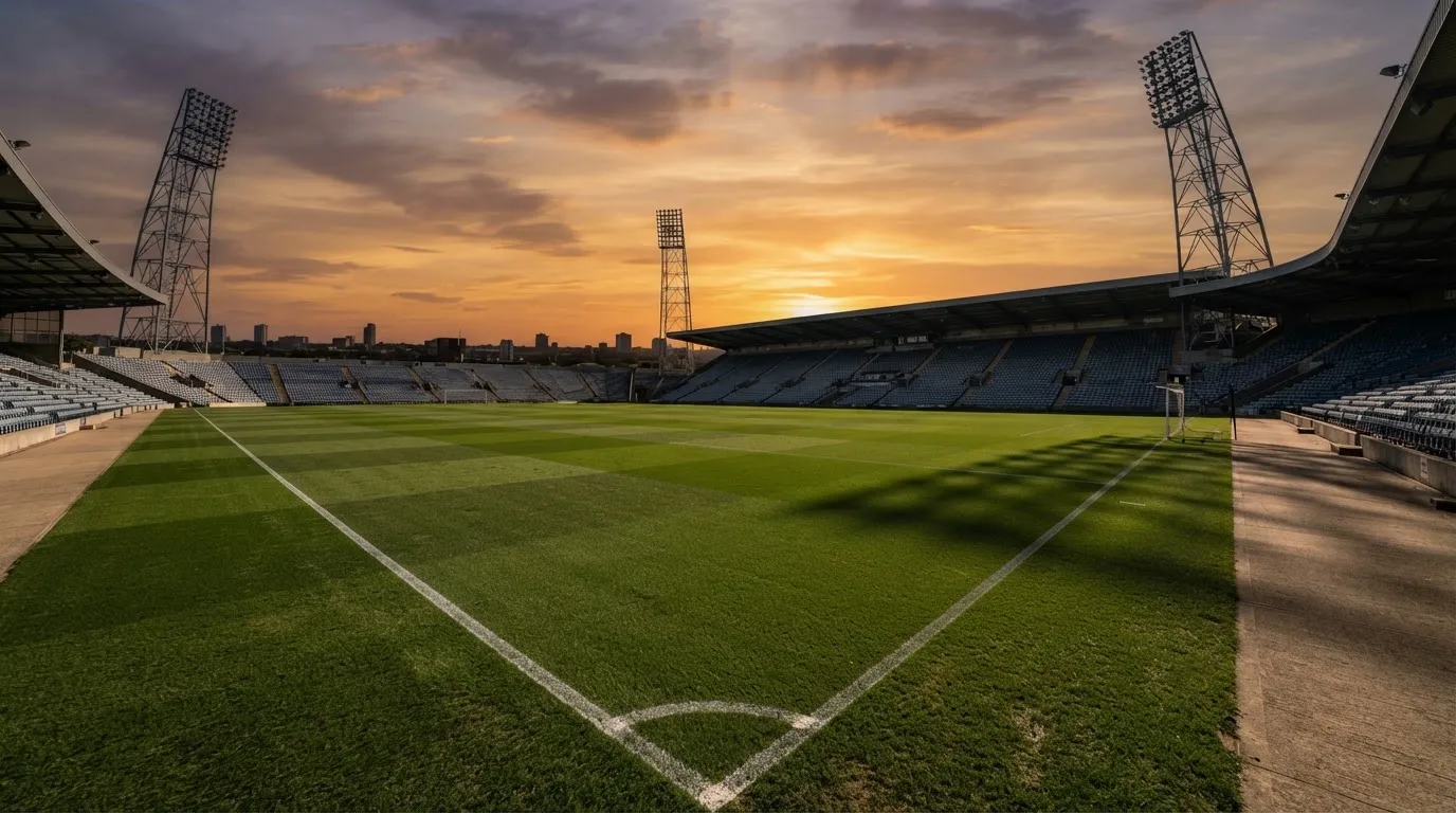 Un estadio de fútbol vacío con torres de iluminación al atardecer