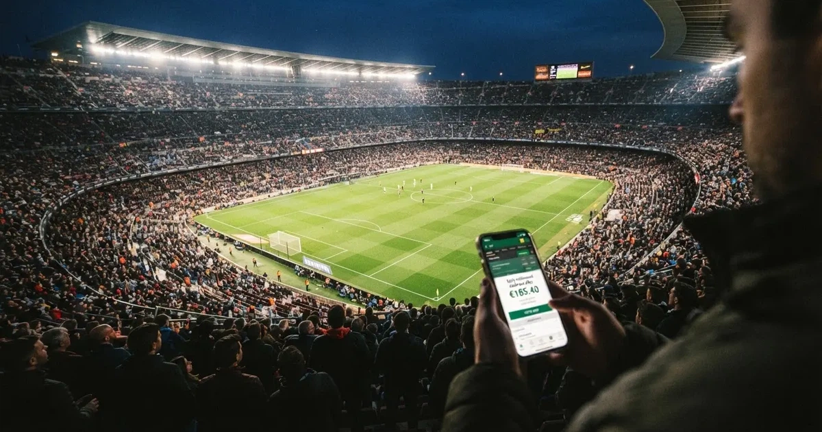Un pabellón deportivo lleno bajo los focos, fotografiado desde muy lejos