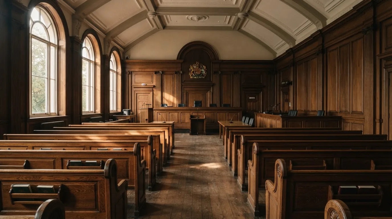 Una sala de tribunal vacía con bancos de madera a la luz de la mañana