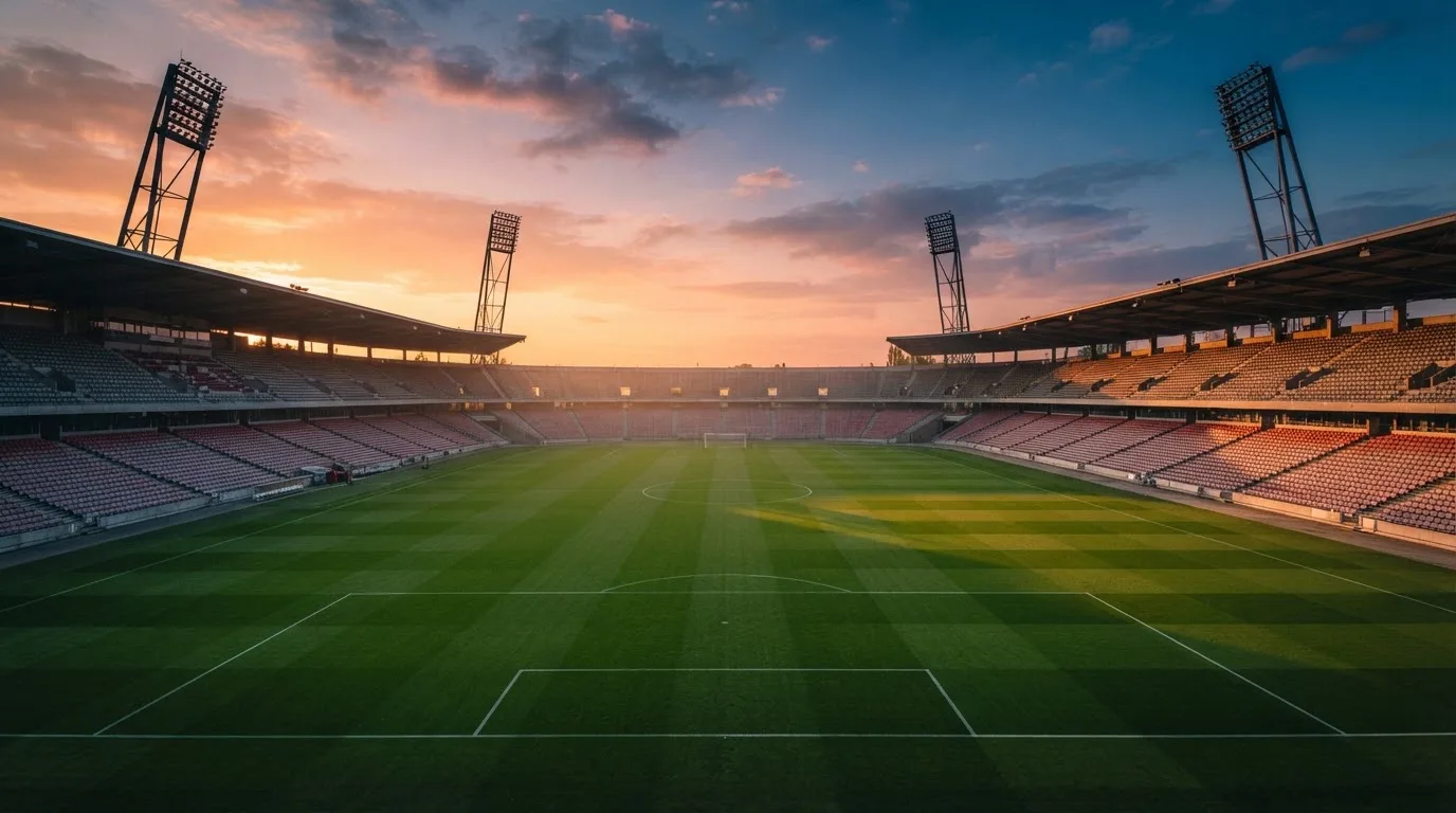 Un estadio de fútbol vacío con torres de iluminación al atardecer