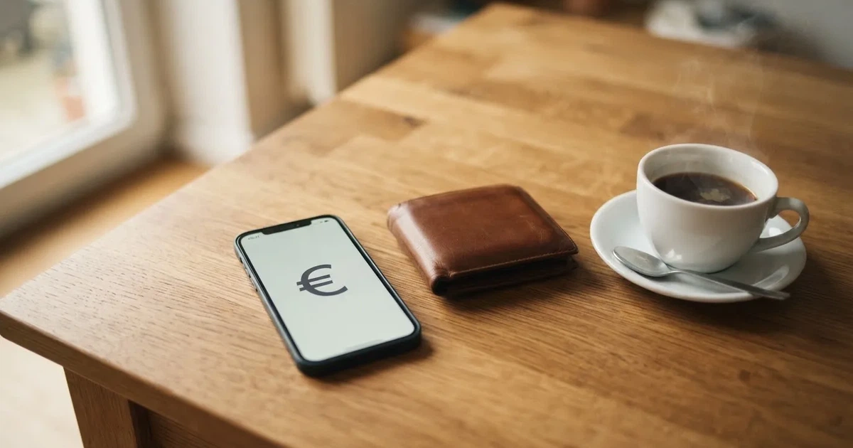 Un móvil sobre una mesa de madera junto a una cartera y una taza de café