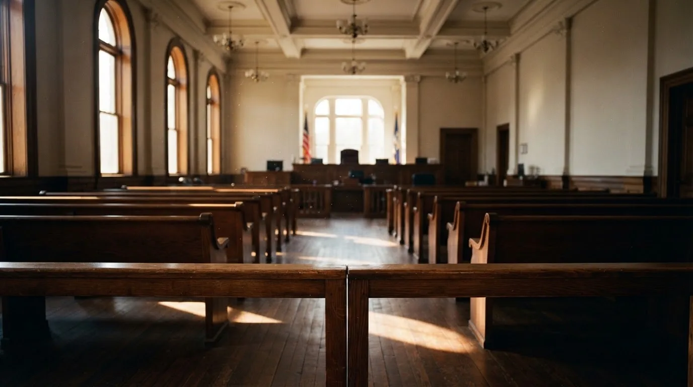 Una sala de tribunal vacía con bancos de madera a la luz de la mañana