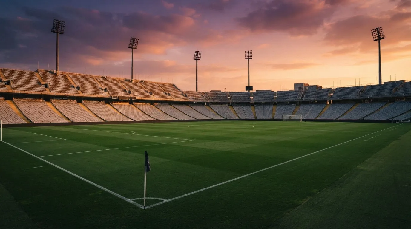 Un estadio de fútbol vacío con torres de iluminación al atardecer