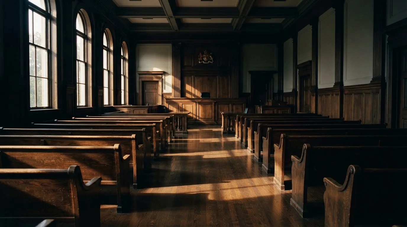 Una sala de tribunal vacía con bancos de madera a la luz de la mañana