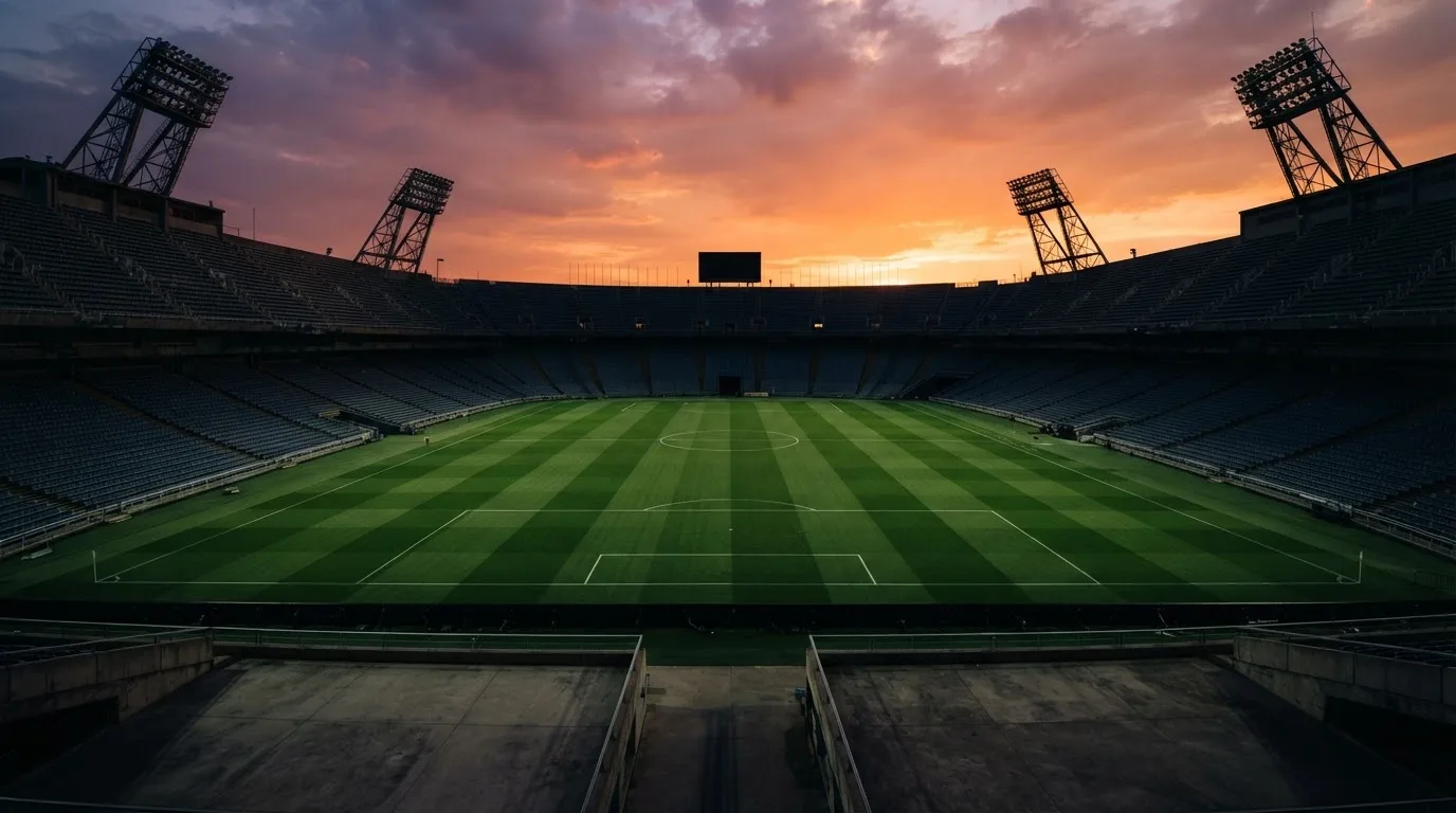 Un estadio de fútbol vacío con torres de iluminación al atardecer