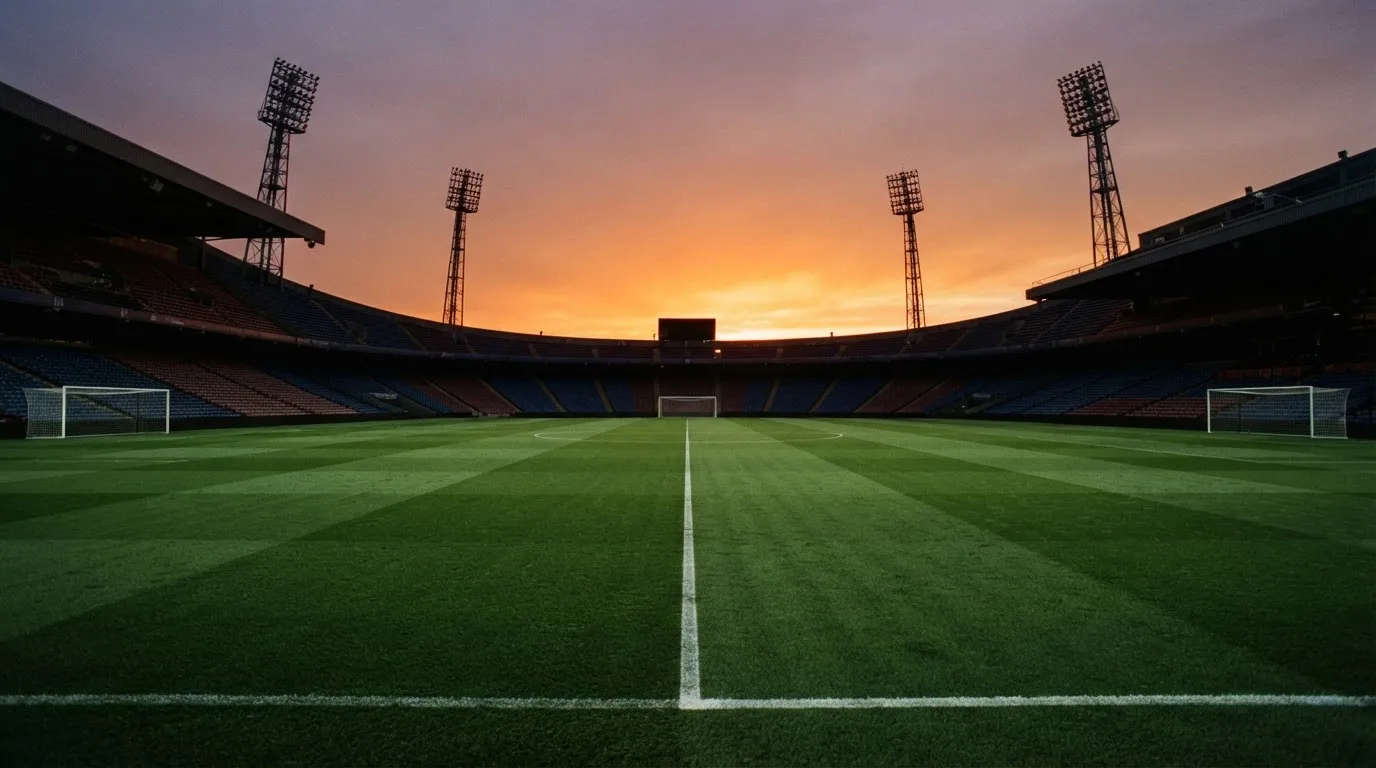 Un estadio de fútbol vacío con torres de iluminación al atardecer