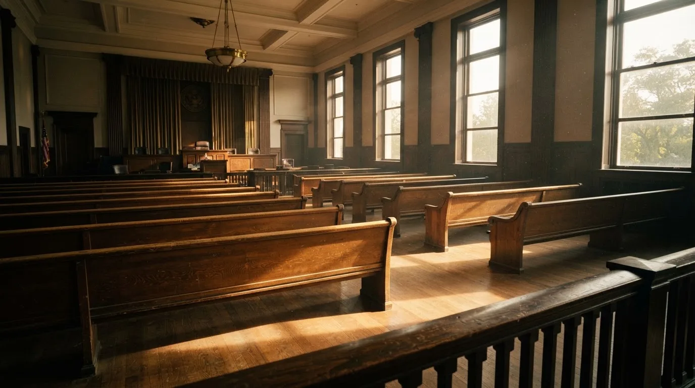Una sala de tribunal vacía con bancos de madera a la luz de la mañana