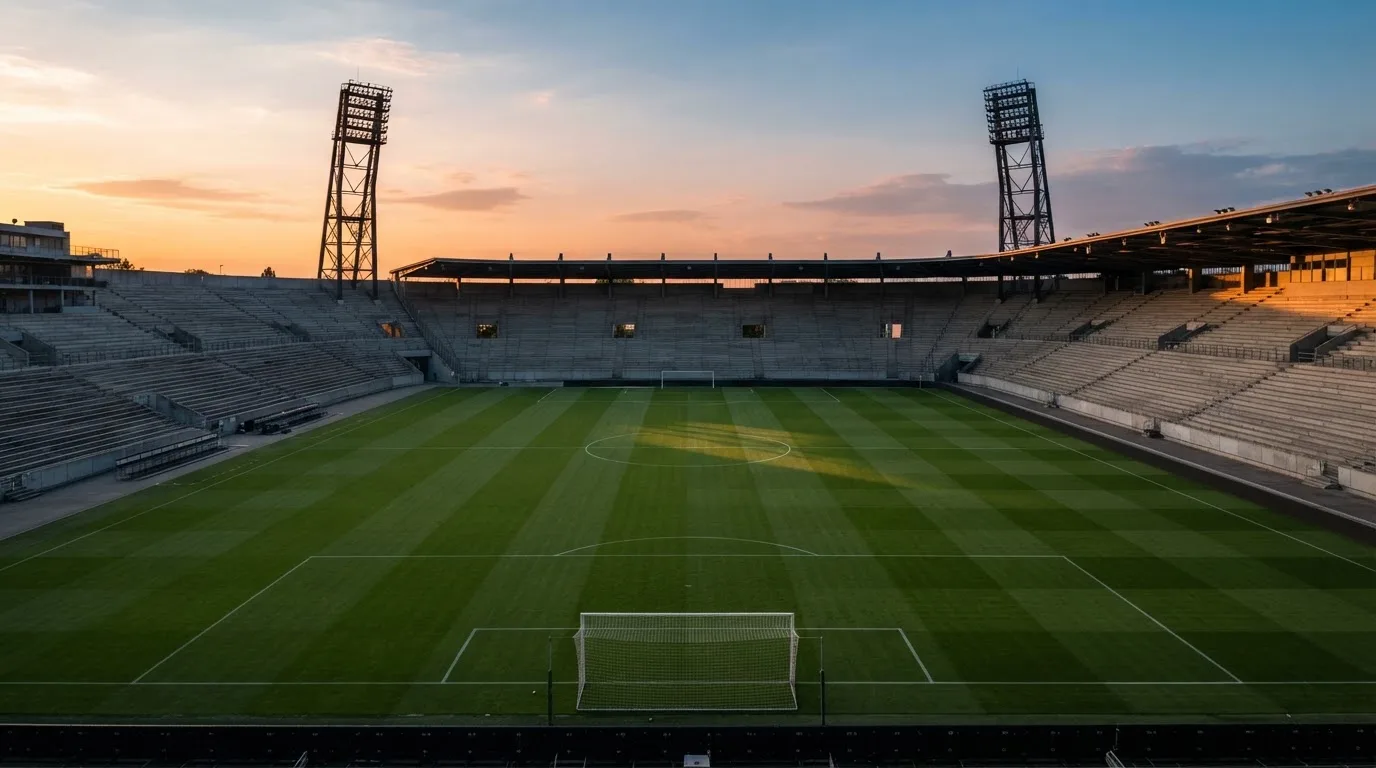 Un estadio de fútbol vacío con torres de iluminación al atardecer