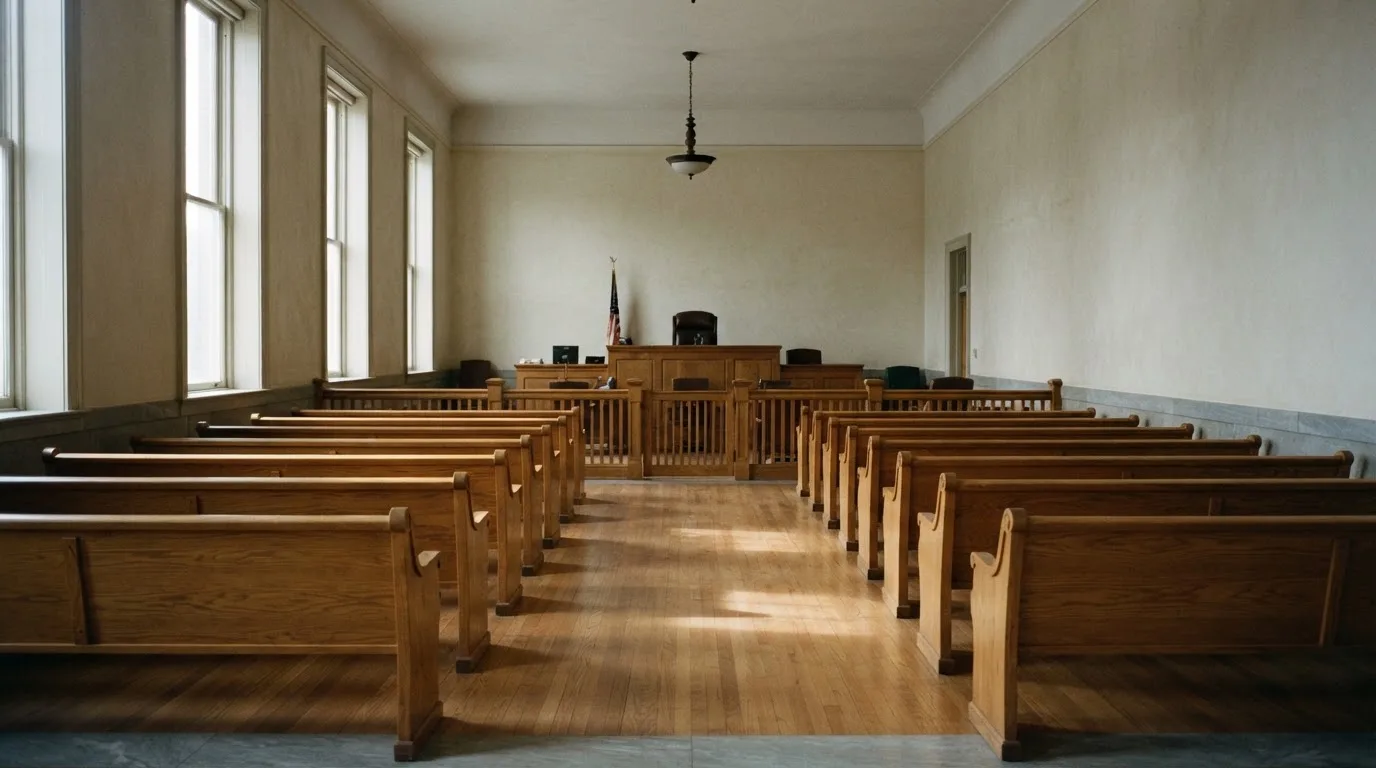 Una sala de tribunal vacía con bancos de madera a la luz de la mañana