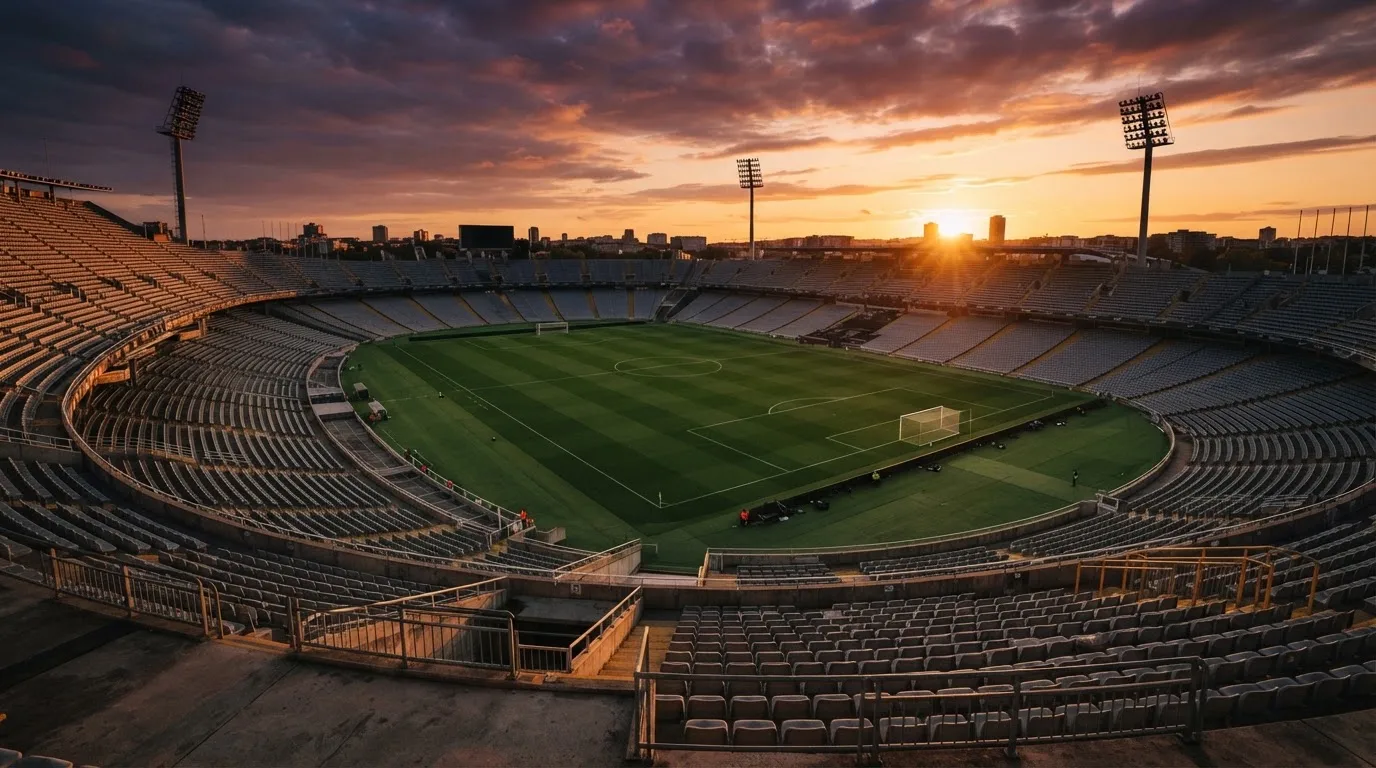 Un estadio de fútbol vacío con torres de iluminación al atardecer