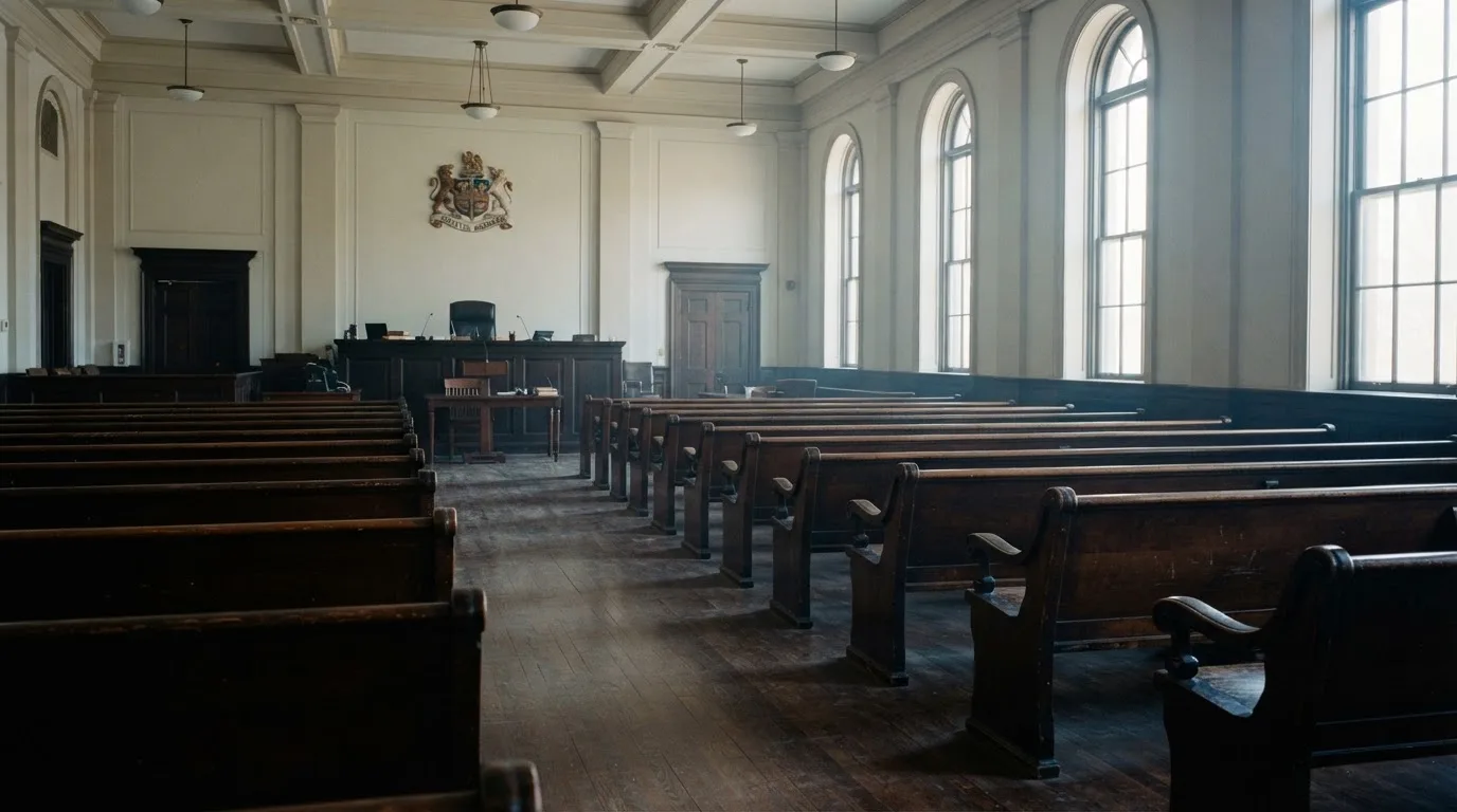 Una sala de tribunal vacía con bancos de madera a la luz de la mañana