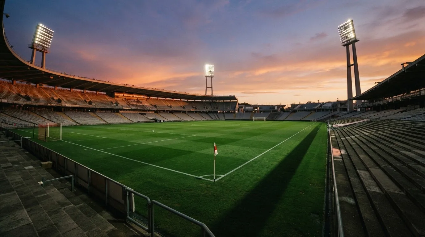 Un estadio de fútbol vacío con torres de iluminación al atardecer