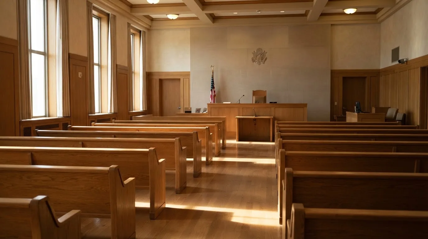 Una sala de tribunal vacía con bancos de madera a la luz de la mañana