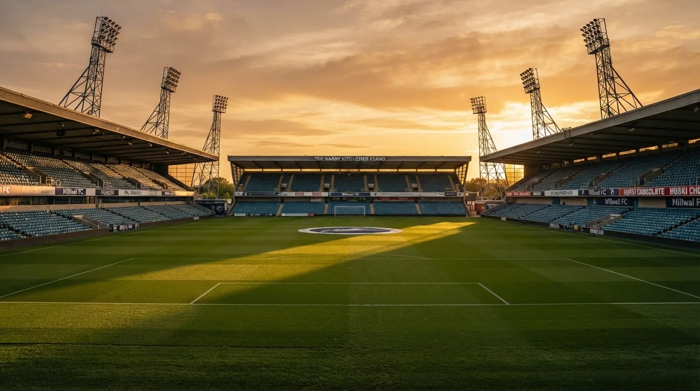 Un estadio de fútbol vacío con torres de iluminación al atardecer