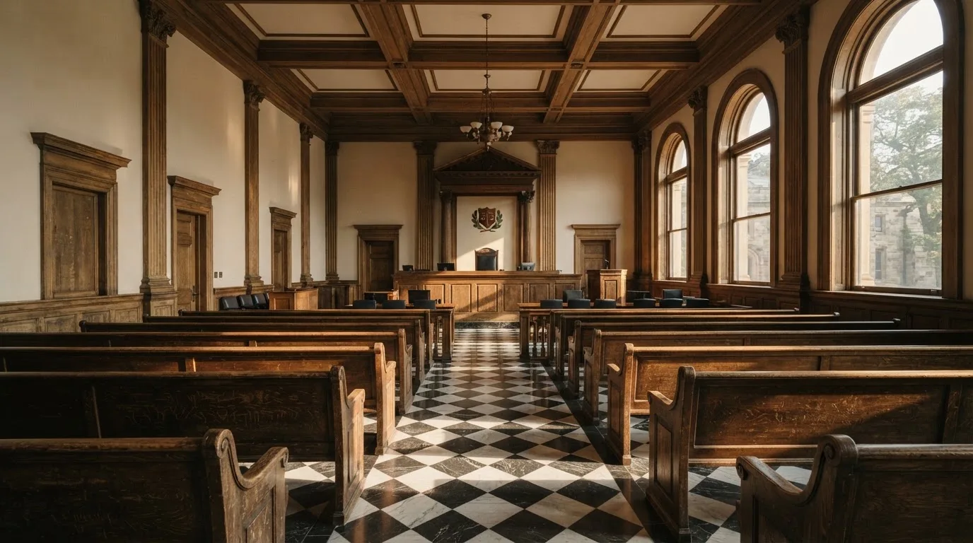 Una sala de tribunal vacía con bancos de madera a la luz de la mañana