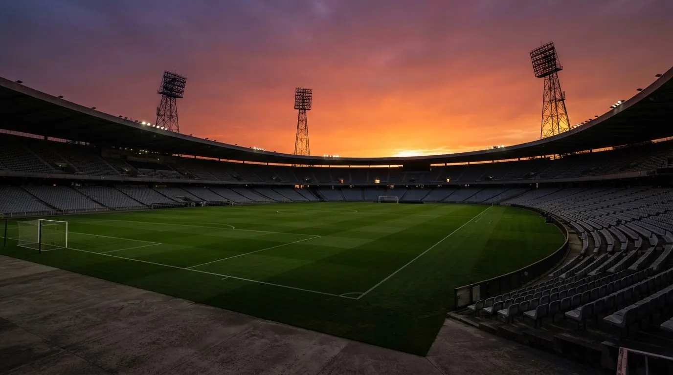 Un estadio de fútbol vacío con torres de iluminación al atardecer