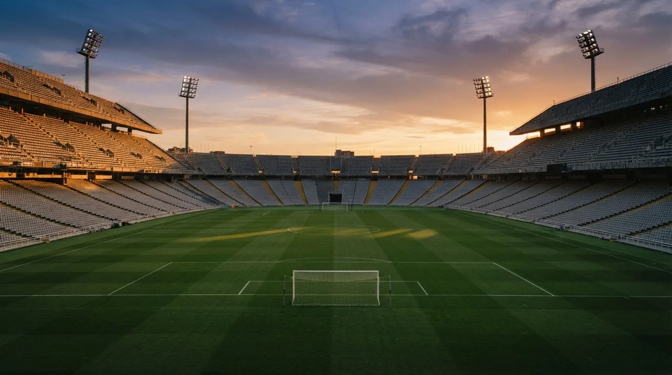 Un estadio de fútbol vacío con torres de iluminación al atardecer