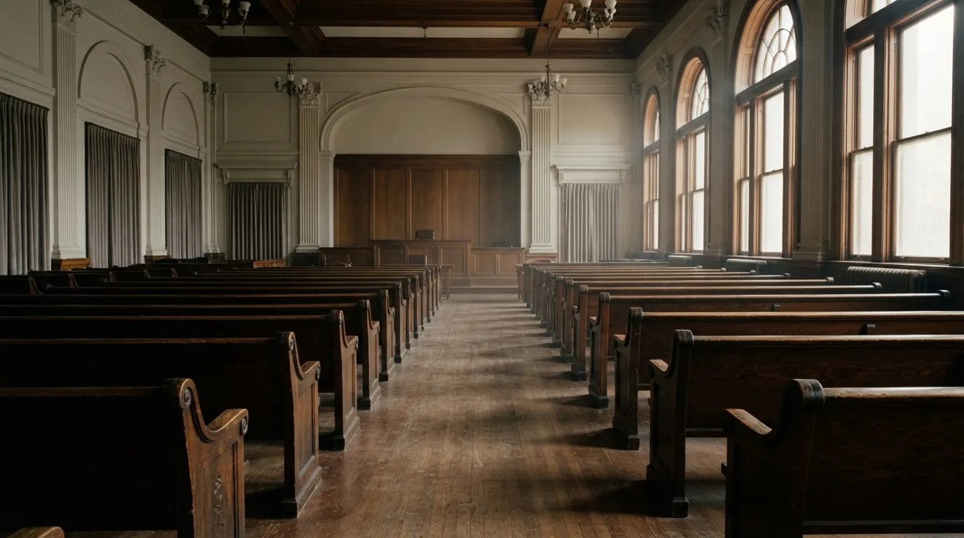 Una sala de tribunal vacía con bancos de madera a la luz de la mañana